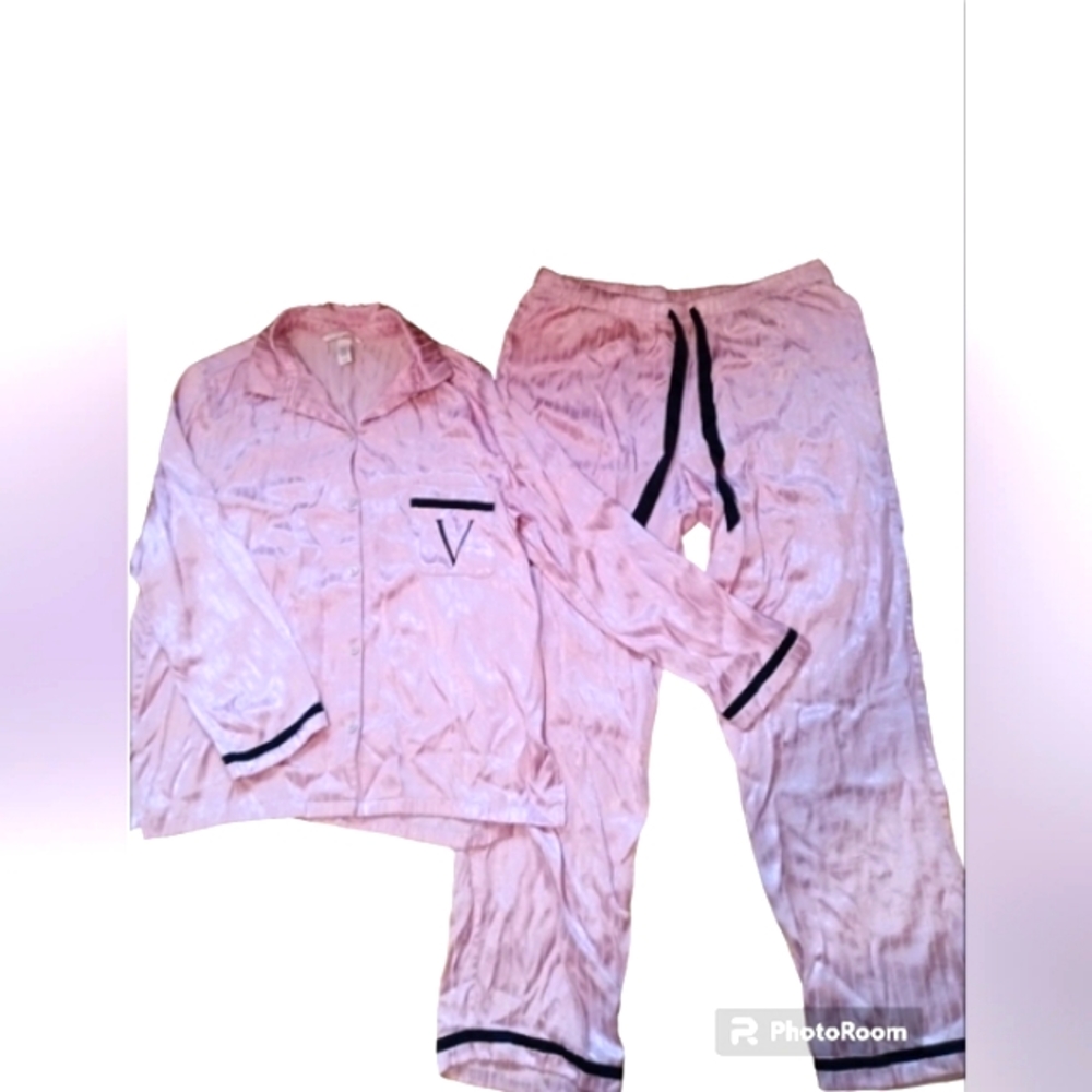 VS Satin Long Sleeve Button Up Pajama Set Black V Embroidery & Pink Pinstripe - Picture 10 of 10